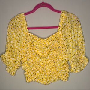 Altar’d State Off The Shoulder Cropped Yellow Multi Smocked Top size Large